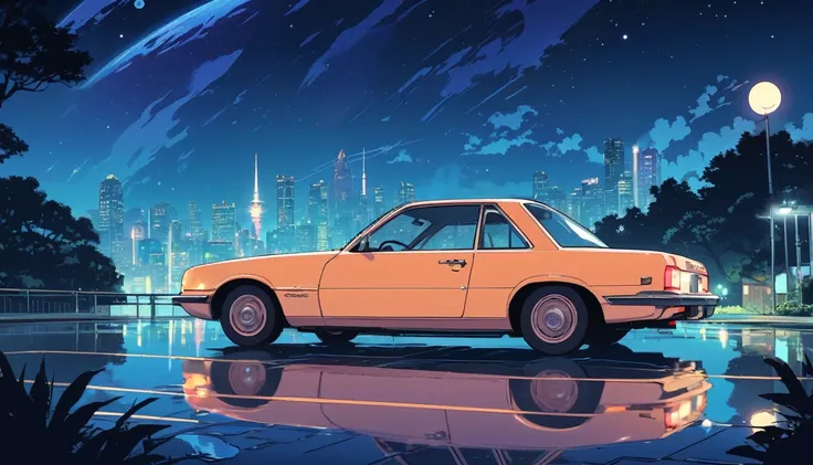 One Woman、car、drive、Night view、Wide-angle lens, Lofi Anime, Lofi illustration, Aesthetic atmosphere, Lo-Fi Style, Vector art, Flat Design, Simple shape, Warm tones, Pleasant atmosphere, Chill, In anime style, Digital drawing, Vector art, Vector logo for t-...