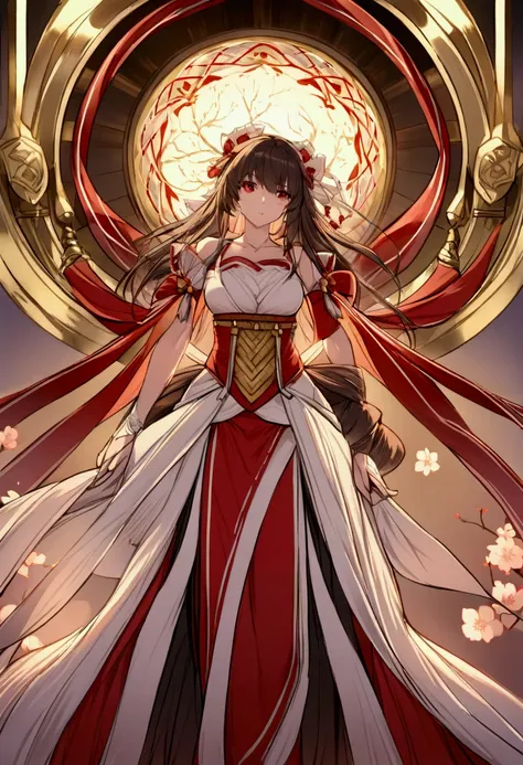 A stunning, hyper-detailed illustration of Reimu Hakurei from the *Touhou Project*, standing with grace and confidence in the midst of a serene yet mystical scene. Her traditional red and white shrine maiden outfit flows beautifully around her, with intric...