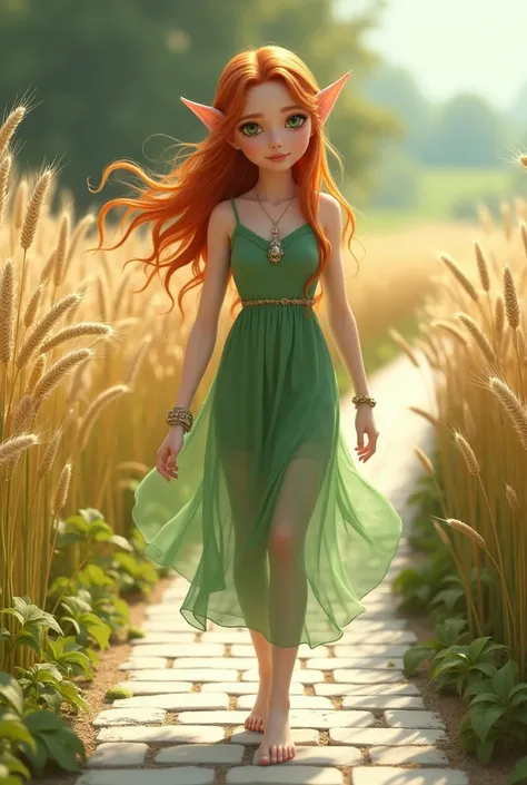 Young, etherial elf girl. Red flowing hair, 0beautiful green eyes, black eyeliner. Sheer green dress. Walking on a white brick road through a field of barley. A light breeze blows. Jewelry. 