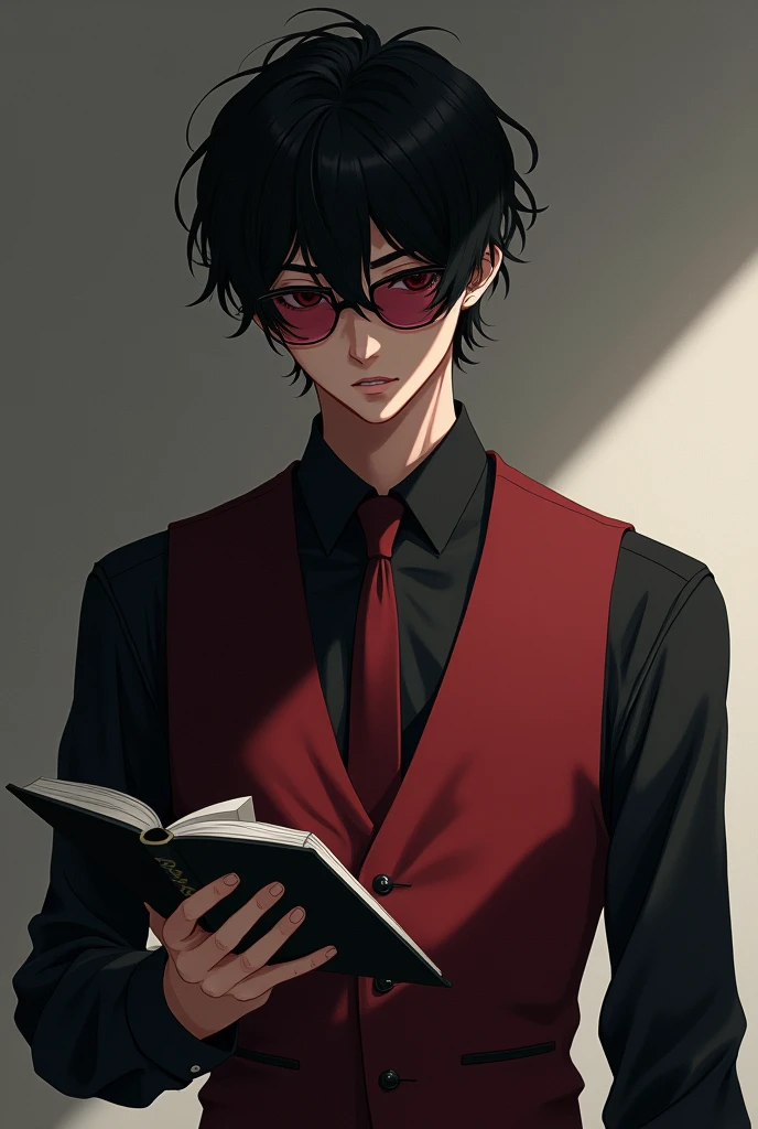 Young man with black hair and wavy bangs, glasses with detailed dark red lenses, black long sleeve dress shirt, dark red vest, long thin dark red tie, black dress pants,  holding a sleek black notebook open on one hand, 独奏, Masterpiece artwork, precise, Hi...