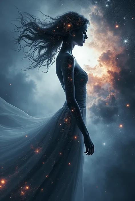 high qualiy, 8k ultra-HD, A beautiful Double exposure that combines an goddess silhouette with galaxy cosmos, immensity of the universe with stars must serve as the underlying backdrop, with its details incorporated into the goddess , Sharp lines, The back...