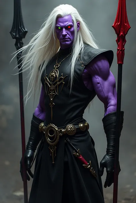 Creates, man , long white hair with red ,light purple skin, He wears a sleeveless black gothic armor , He carries two spears, one black in his right hand and the other red spear in his left hand.  , one red eye and the other yellow,malevolent look 