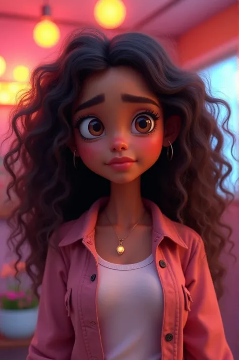 (cartoon mixed woman with long curly hair), (serious expression), (chubby and cute), (photorealistic animated portrait), girlish shirt, vibrant colors, soft lighting, centered composition, whimsical background, expressive features, charming personality, HD...