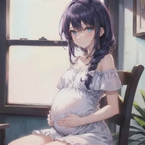 anime pregnant woman sitting on a chair in front of a window, anime visual of a cute girl, anime moe artstyle, pregnant, guweiz, young anime girl, pregnant belly, artwork in the style of guweiz, high quality anime artstyle, cute anime girl, (anime girl), a...