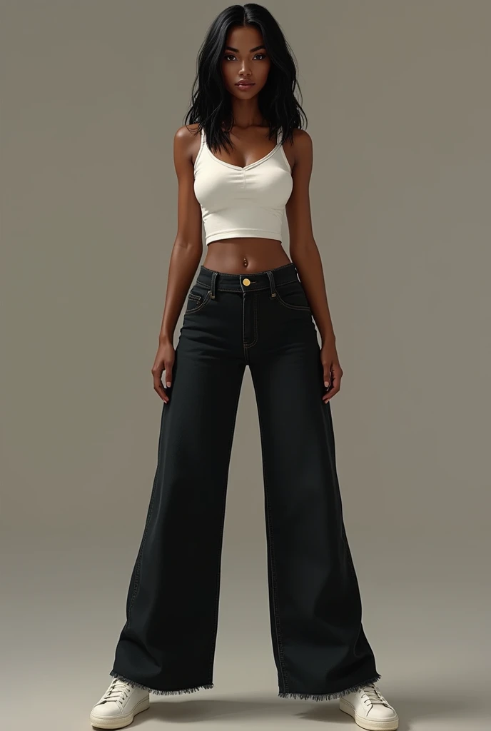 Dark-haired woman with chocolate skin and straight black hair at the height of her upper back. Of medium build with more hips than bust. Dressed in a tight white top and long wide black jeans and white sneakers 