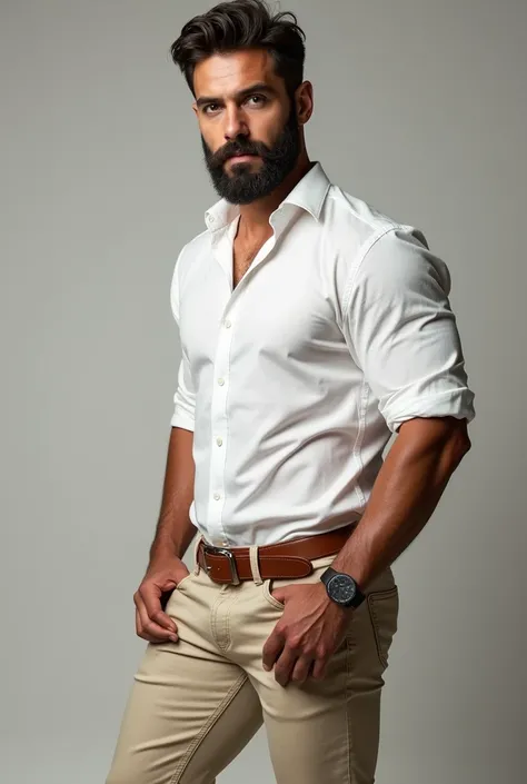 Carlos cuevas, sexy AND handsome man in a white shirt and beige jeans,  50 años, brown belt, big muscles, Tall and muscular, watching to the cámara (((Big butt)) (((backside))), espaldas de perfil 