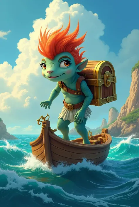 fish man, 21 years, big hair, BAÚ GOLD, on boat, In the style of Disney Pixar drawing 