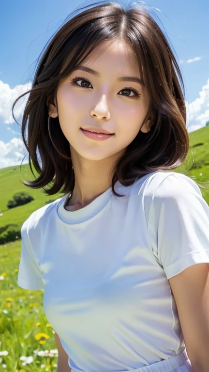 (highest quality,masterpiece:1.3,ultra high resolution),(Super detailed,caustics,8k),(photorealistic:1.4,RAW shooting),1,cute,Japanese,semi-long hair with outward curls,(white t-shirt),(smile),looking at the camera,blue sky,sun,Backlight,(top of the hill),...