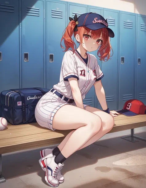 (high resolution、detailed,Beautiful latest anime、Warm colors:1.5).((High short twin tails,Black ribbon hair accessory、Redhead.Red eyes、Pregnancy-friendly body type}:1.5.(Baseball uniform_((No hat))、White sneakers))、She is sitting there shyly（background:Dep...