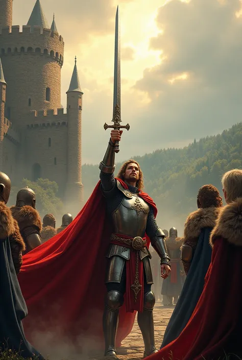 King Arthur raising Excalibur around the wizard Berlin and all the knights