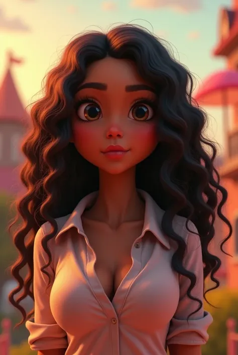 (Animated mixed woman with long curly hair), (serious expression), (chubby body sexy and cute), (photorealistic animated portrait), girlish shirt, vibrant colors, soft lighting, centered composition, whimsical outdoorsey background, soulful intellegent fea...