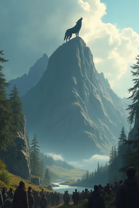 miniature of a mountain, full of people looking at the top, at the top of the mountain a giant black wolf, the wolf howls, ultra realisitic, ultradetailed, panoramic view, soft colors, nature scenario, daylight, sun rays