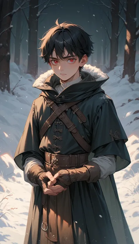 A young boy with long black hair and red eyes in the snow with medieval clothes 