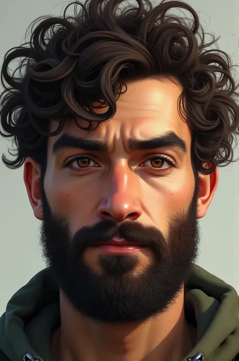 bearded man, curly hair and round eyelid