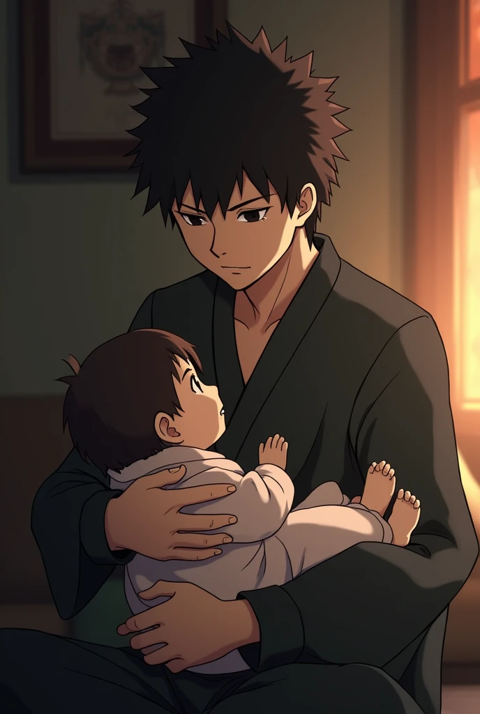 Create an image of Toji Fushiguro with baby Megumi on his lap from Jujutsu kaisen anime