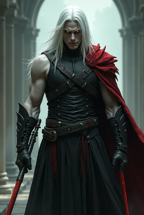 Creates, man , long white hair half red ,Pale skin, He wears a sleeveless black gothic armor , He holds a black spear in his right hand and the other red spear in his left hand.  , Right eye red and the other eye yellow,malevolent look ,realist ,dark fanta...