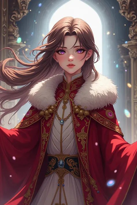 anime image of a young royal wizard dressed in red and white noble attire