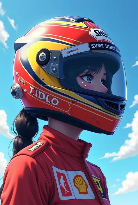 1girl is wearing F1 helmet, (((SHOEI helmet))), ((tears)), (circuit), blue sky, 1girl, cute girl, beautiful detailed  black hair, shoulder, (((racing helmet))), (((fullface helmet:2.0))), ((covered mouth)), ((motorcycle helmet)), (((too small face area))),...