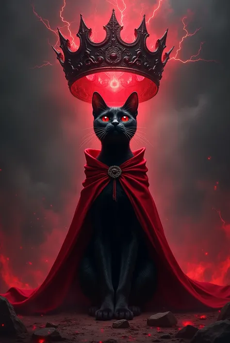 Black cat with red eyes and a red cape and a red aura being summoned with a crown with a terrifying design 