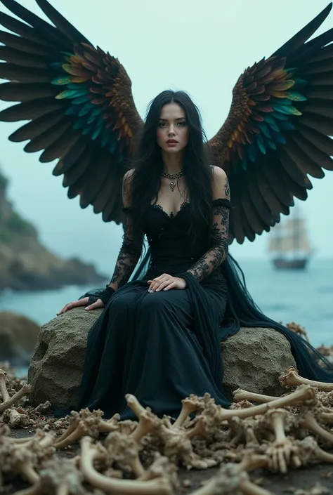 A mysterious female singer with the body of an eagle, alone, peacock feather wing, Absurd aesthetics, Siren Possession, Let your beautiful voice resound, BREAK Sitting on the reef watching the sailing ships, Pile of bones stage, gothic fantasy, ARW