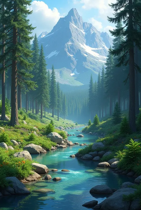 make a valley in the middle of the pine forest, with a stream in the middle and a mountain in the background