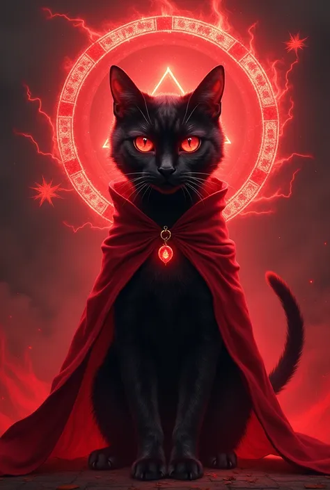 Black cat with red eyes and a red cape and a red aura being summoned and red runes with a terrifying design