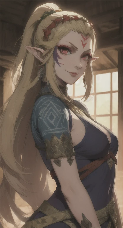 Ancient Hylian, corrupted Devine heroine, princess Hylia, blonde, red eyes, smirking darkly at viewer, ancient corrupted sacred armor, cursed markings, long messy hair, ancient Hyrule, medieval tribal village, 