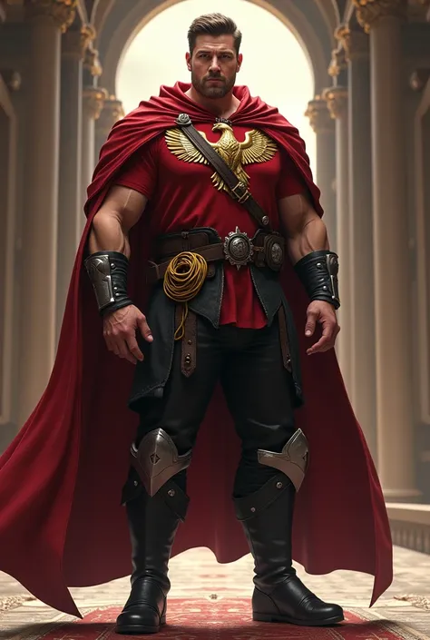 (((Hunter Prince))),(((A robust man with short black hair, thick legs and muscular arms wearing a red shirt with a red cape crossed on his arms and chest with a golden eagle as a brooch, black leather pants and thick black boots with silver highlights, sil...