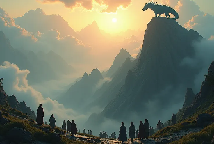 miniature of a mountain, full of people looking at the top, at the top of the mountain a large dragon, dramatic dark ambiance, dragon looks at people, ultra realisitic, ultradetailed, panoramic view, soft colors, nature scenario, daylight, sun rays