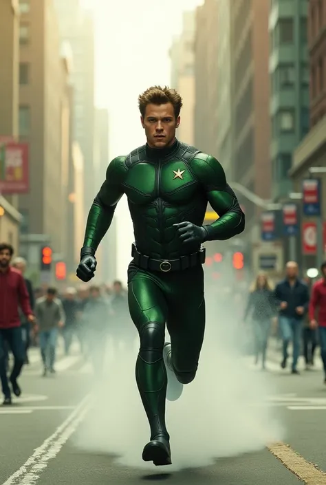 Boldly Aaron Taylor Johnson as Quicksilver wearing a tatical green and black carbon fiber suit armoured torso running at a new york street day time