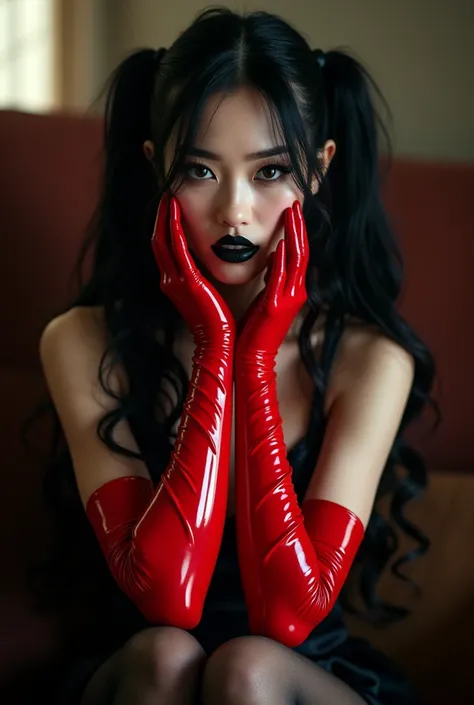  girl, WEARING long red latex gloves, gloves that go up to the shoulders,  latex black STOCKINGS, she is wearing 8 inch red high heels. she is gracious. She is shy, long black hair, black lips, long eyelash, rosy cheeks, pigtail hair, thin eyebrows, handsc...