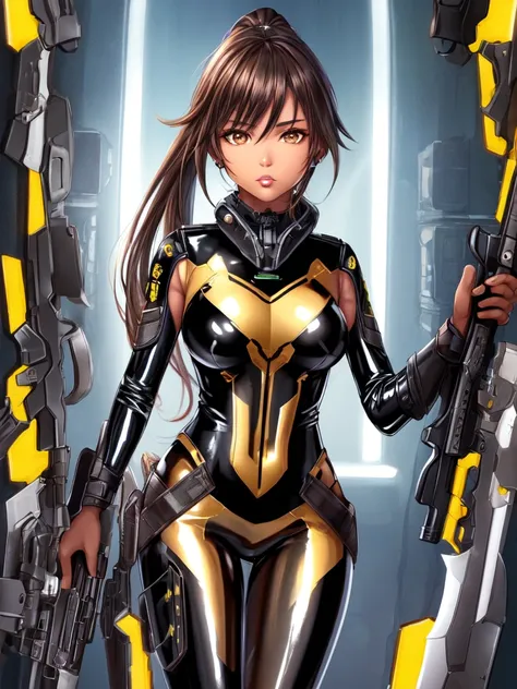 high quality, extremely detailed, perfect face, sharp features, full lips, Quna, extremely long ponytail, brown hair, (brown eyes), (((brown skin))), dark skin, ((black latex zelsius bodysuit)), yellow armor, ((extremely glossy)), cyberwear, earpiece, hold...