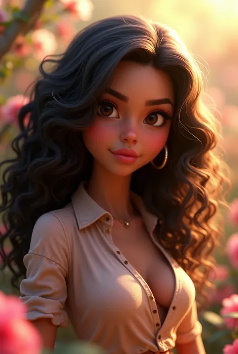 (Animated mixed race 2 woman with long curly wild voluminous highlighted black and blond hair), (serious expression), (curvy body sexy hour glass shape medium thick), (photorealistic animated portrait), girlish shirt, vibrant colors, soft lighting, centere...