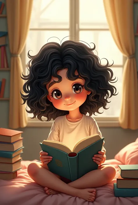 Make a cute little  black curly hair girl reading