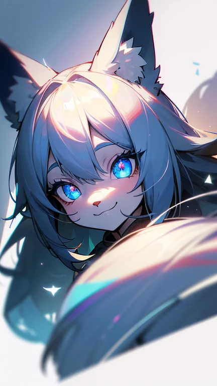 masterpiece,insanely detailed, absurdres, 16K, a girls, kemono, evil smiling, grinning,(luminous eyes, with sparkling eyes, blue eyes, narrow eyes), (fox_girl, anthro furry:1.0),fluffy fur, white background, upper body, dutch angle shot