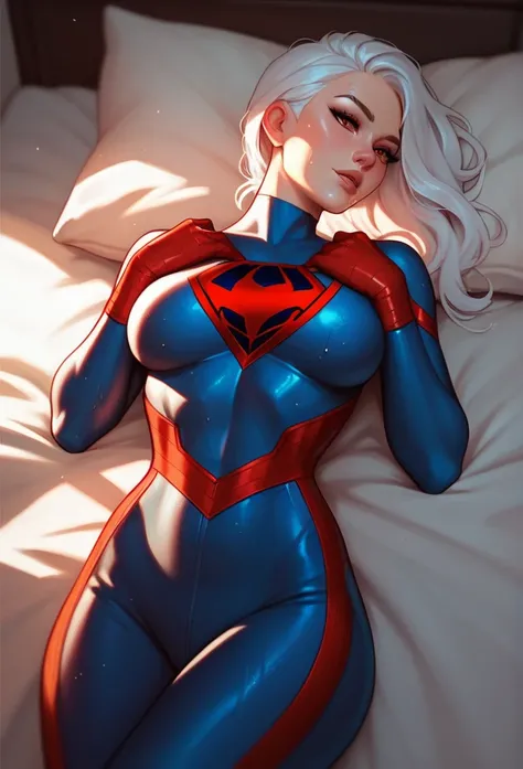 (Best Quality, high detailed), 1 girl, White hair, Red eyes, blue spiderman suit, yellow and black, Lying on the bed, sweat, Backlight, beautiful face, anime face