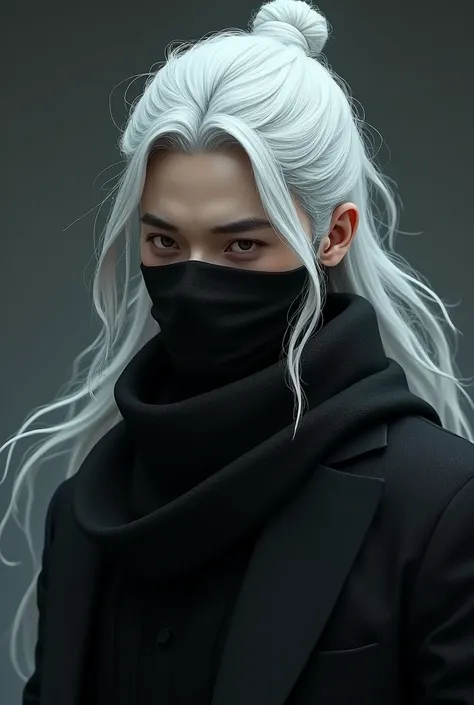 A guy with a black scarf on his face and white hair with a bun