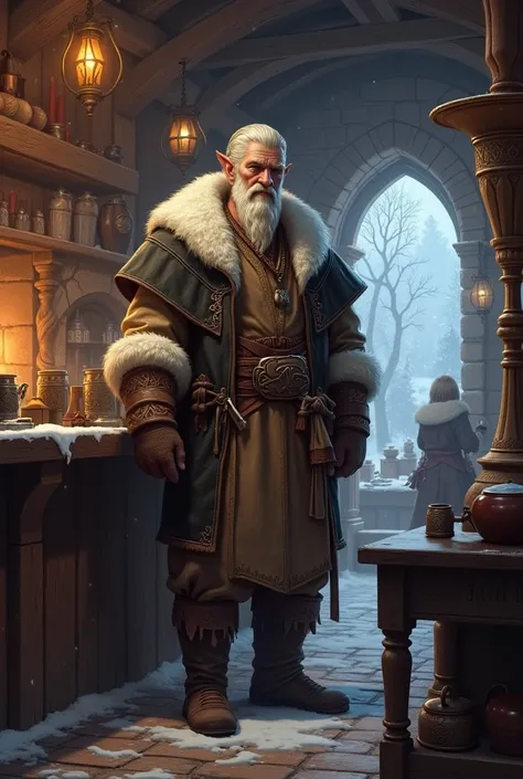 male half elf, winter clothes, innkeeper, tavern, dnd, medieval