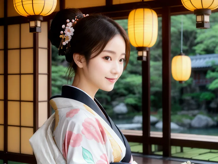 (1 person)、One person、smile、Brightly colored kimonos、outside、Ancient city、Ponytail hairstyle、Realistic photos, Beautiful Eyes, Flowing black hair, Elegant kimono, Soft lighting, Traditional Japanese art style, Vibrant colors, Peaceful atmosphere, Delicate ...