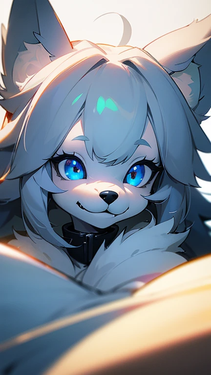 masterpiece,insanely detailed, absurdres, 16K, a girls, kemono, evil smiling, grinning,(luminous eyes, with sparkling eyes, blue eyes, narrow eyes), (dog_girl, anthro furry:1.2),fluffy fur, white background, upper body, dutch angle shot