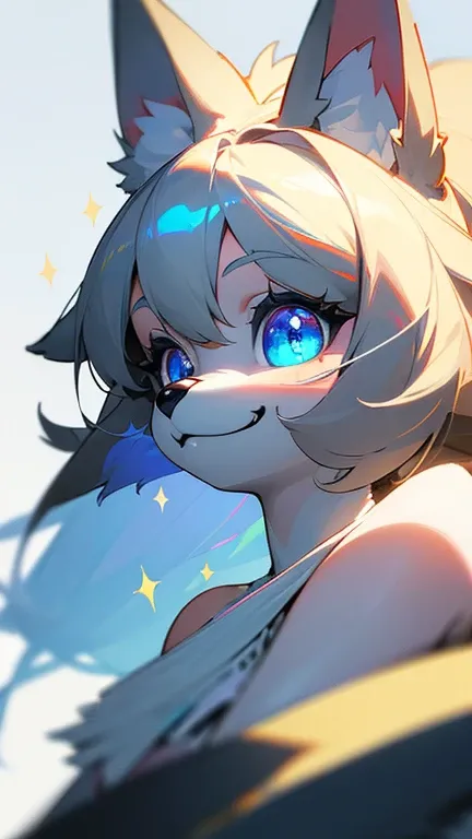 masterpiece,insanely detailed, absurdres, 16K, a girls, kemono, evil smiling, grinning,(luminous eyes, with sparkling eyes, blue eyes, narrow eyes), (dog_girl, anthro furry:1.2),fluffy fur, white background, upper body, dutch angle shot