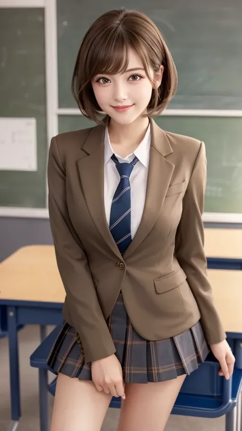 Product quality,1 person,Low - Angle,Young and cute Japan,Daytime, ((High school classroom:1.2)),Schoolgirl uniform,blazer, Super short,Plaid,Blue Micro Mini Skirt,Very cute face,Glossy Lips,Beautiful big eyes,Brown eyes,Double eyelids on both eyes,(Natura...