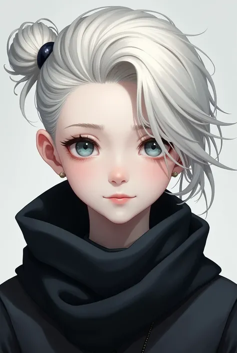 Boy with type a black scarf with white hair with a bun white skin