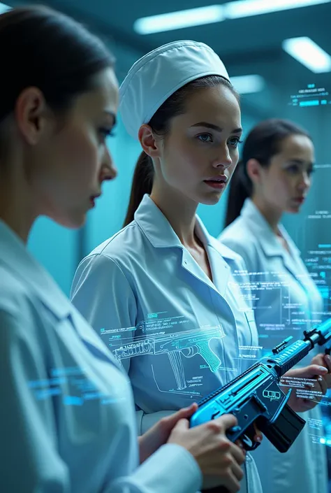 3 nurses、(masterpiece:1.2,Superior Quality,mirror-like,Cinematic Experience,Realistic:2.0,RAW Photos:2.0,Very detailed),8k,wallpaper,(Representing blueprints through holograms:2.0),(Beautiful woman:2.0),Futuristic assault rifle,(Blueprint for futuristic as...