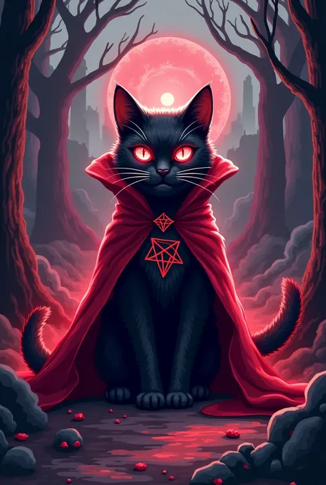 Evil black cat with red eyes and wearing a red cape and a red aura being summoned to his castle and red runes with a pixel art design