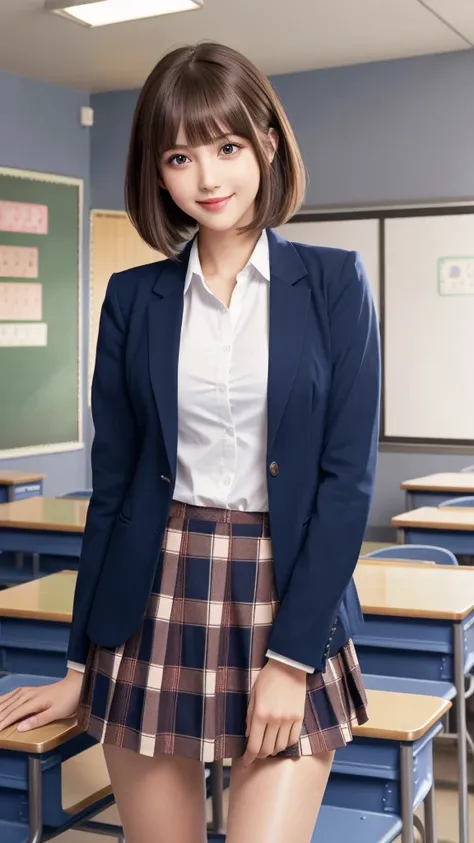 Product quality,1 person,Low - Angle,Young and cute Japan,Daytime, ((High school classroom:1.2)),Schoolgirl uniform,blazer, Super short,Plaid,Blue Micro Mini Skirt,Very cute face,Glossy Lips,Beautiful big eyes,Brown eyes,Double eyelids on both eyes,(Natura...