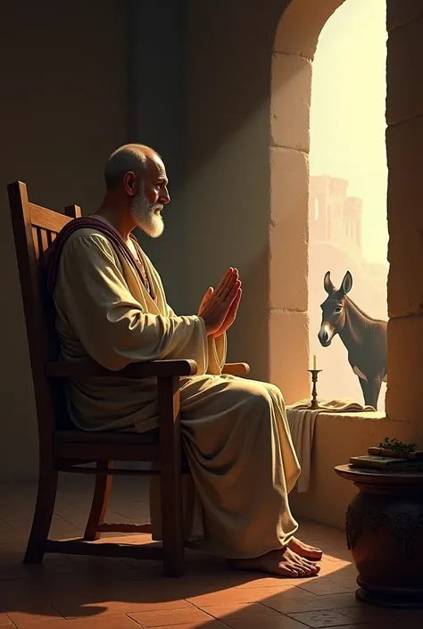 Greek philosopher chrysippus sitting on a chair  and looking through window seeing a donkey 