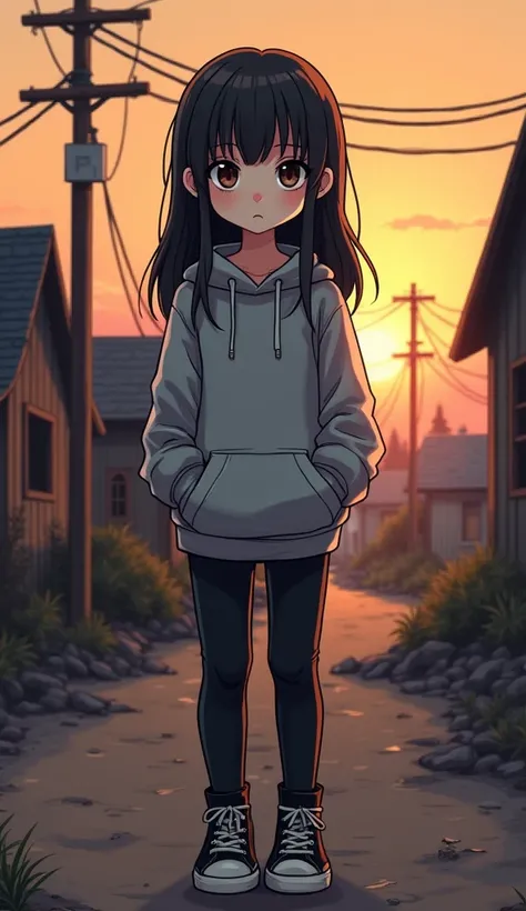 64 bit Pixelated Undertale-style portrait of a pale, skinny girl with long black hair, brown eyes, and a detailed, mature face. Shes wearing wide black pants, a grey hoodie, and black converse shoes. She is short with a small chest, looking directly at the...