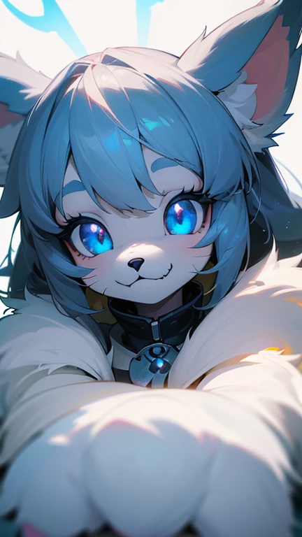 masterpiece,insanely detailed, absurdres, 16K, a girls, kemono, evil smiling, grinning,(luminous eyes, with sparkling eyes, blue eyes, narrow eyes), (dog_girl, anthro furry:1.2),fluffy fur, white background, upper body, dutch angle shot