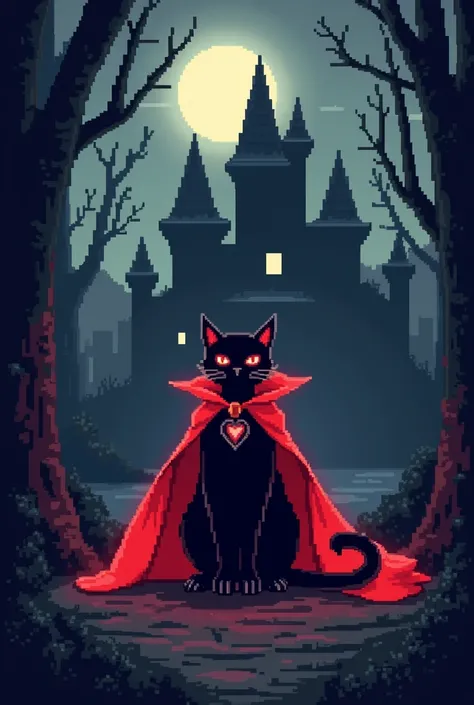 Evil black cat with red eyes and wearing a red cape and a red aura being summoned to his castle with a pixel art design